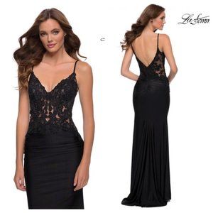 La Femme Black Lace Rhinestone Jersey Mermaid Gown